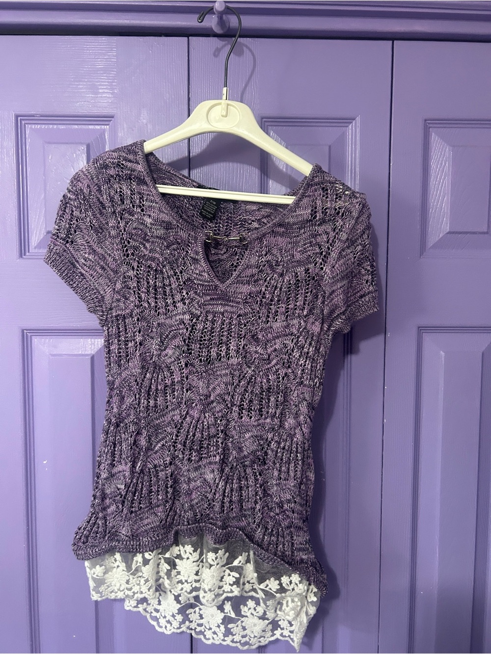 Purple Crochet Knit Short-Sleeve Top with Lace Hem